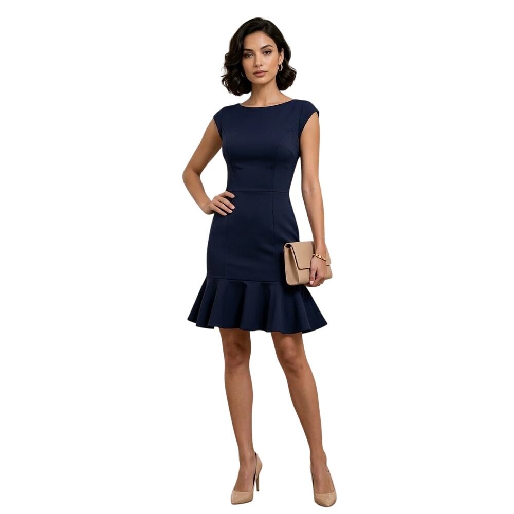 Lanca Perfume Mini Sheath Dress S Navy Ruffle Party Cocktail Formal Eveningwear